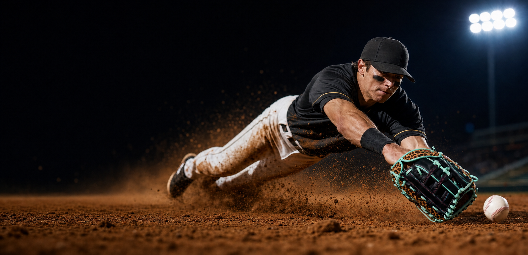 Infielder diving for a ground ball with a custom Vanquish glove