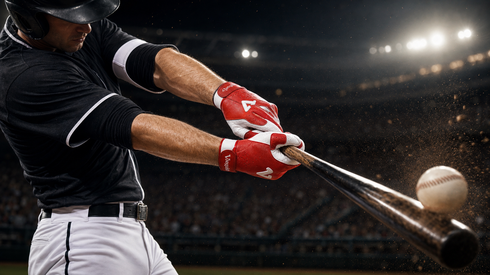 Baseball batter making hard contact while wearing red and white batting gloves