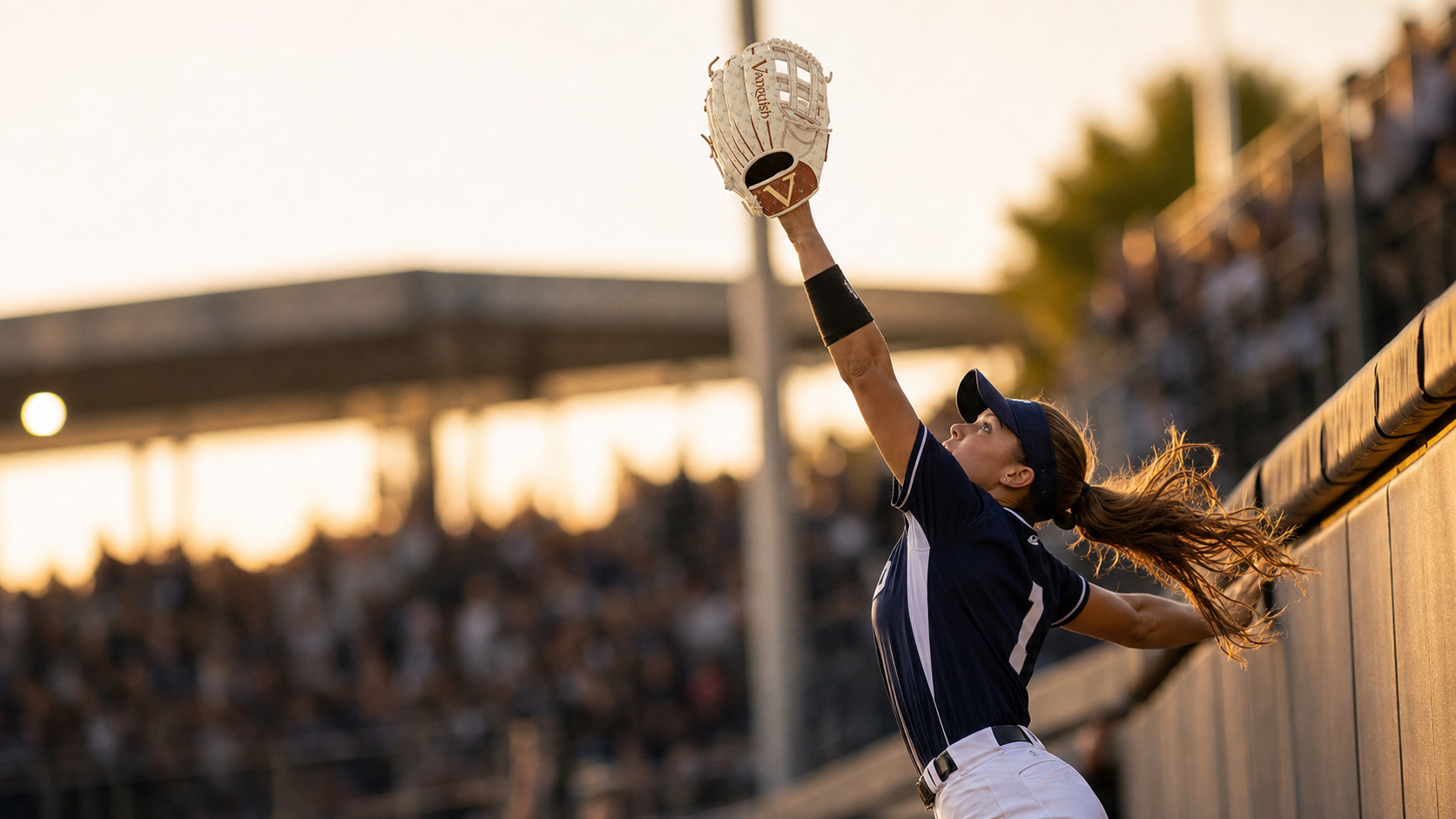 Softball outfielder making a leaping catch at the wall