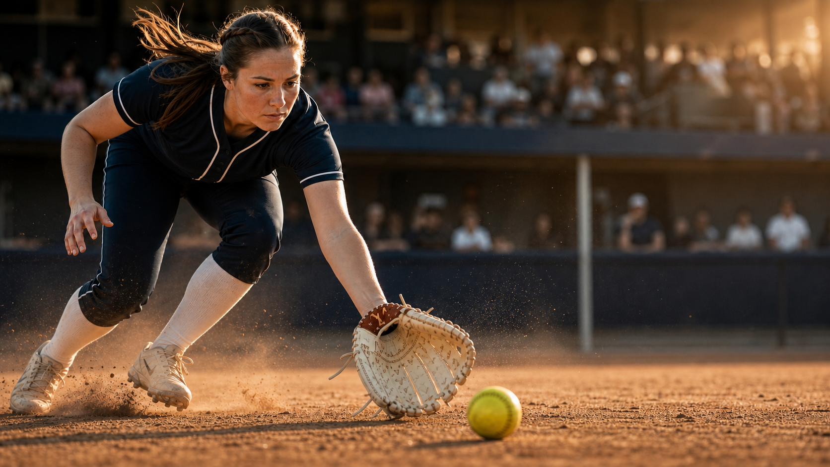 Softball infielder charging a ground ball